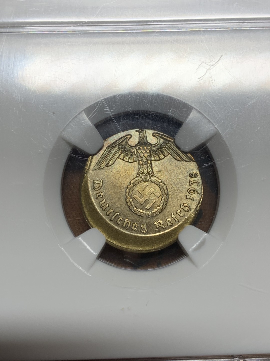 《竞宝斋》第106场-周日，周一 2场连拍（全场包邮） NGC-MS63 MINT ERROR 德国 1938年 第三帝国5芬尼偏打错币 唯一冠军分 2020.9.6同分成交价¥2,387.36