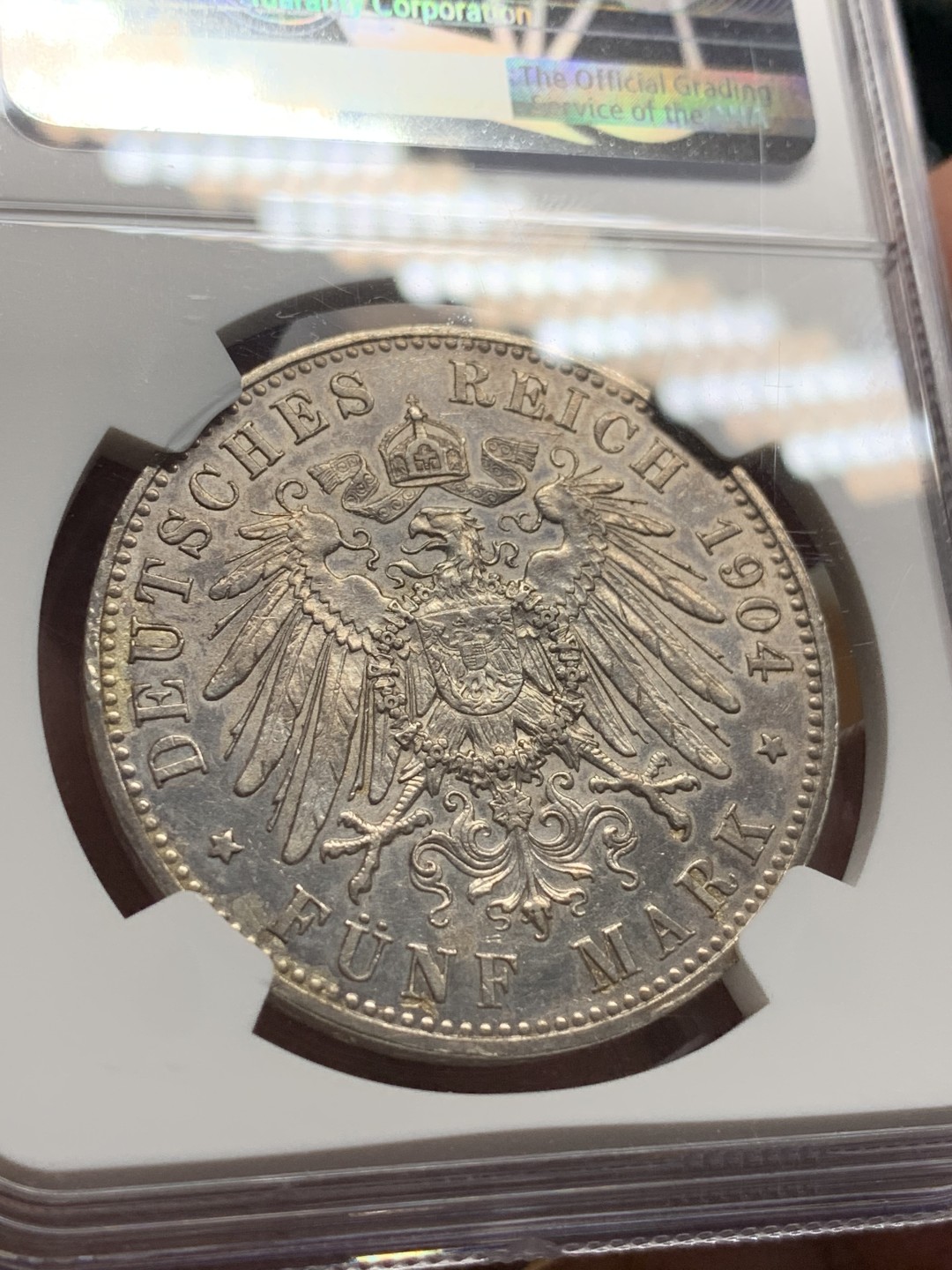 《竞宝斋》第106场-周日，周一 2场连拍（全场包邮） NGC AU 德国 梅克伦堡 什未林 1904年 结婚纪念5马克 银币