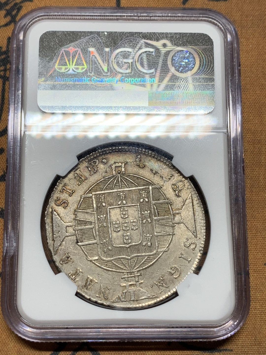 《竞宝斋》第106场-周日，周一 2场连拍（全场包邮） NGC-MS62 1819R葡属巴西地球960里斯大银 金色淡彩！暴涨品种 这种味道的少了