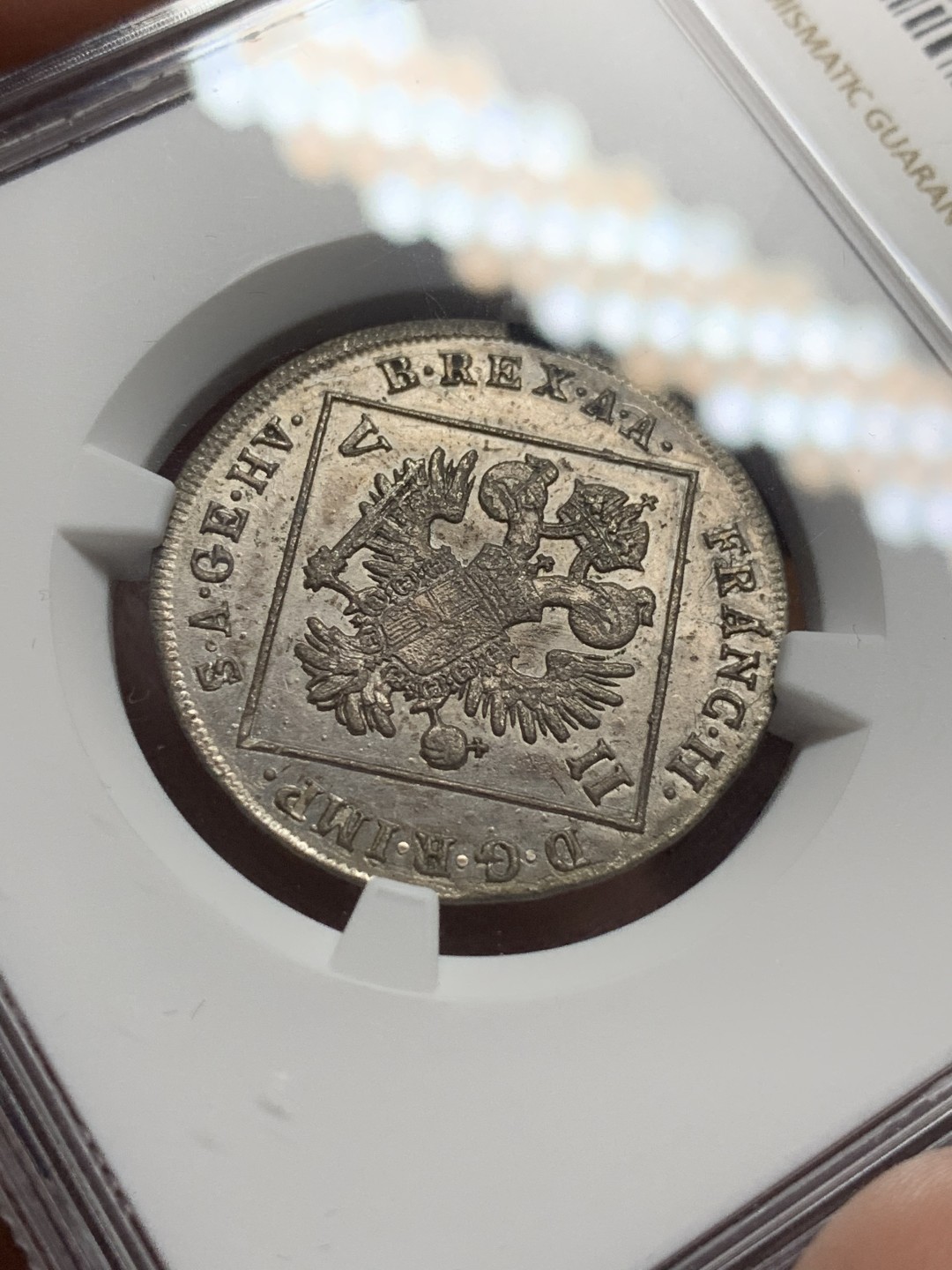 《竞宝斋》第106场-周日，周一 2场连拍（全场包邮） NGC-AU details 1802年神圣罗马帝国弗朗茨二世7克鲁泽银币，个人觉得错杀