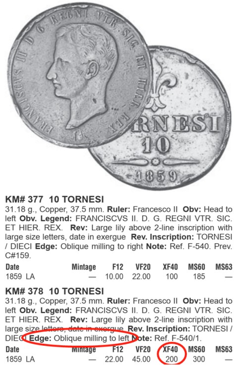 《竞宝斋》第106场-周日，周一 2场连拍（全场包邮） NGC-XF45 意大利那不勒斯1859年10托 少见弗朗西斯二世单年版 31.18g大铜 齿边压印向左 少见品种