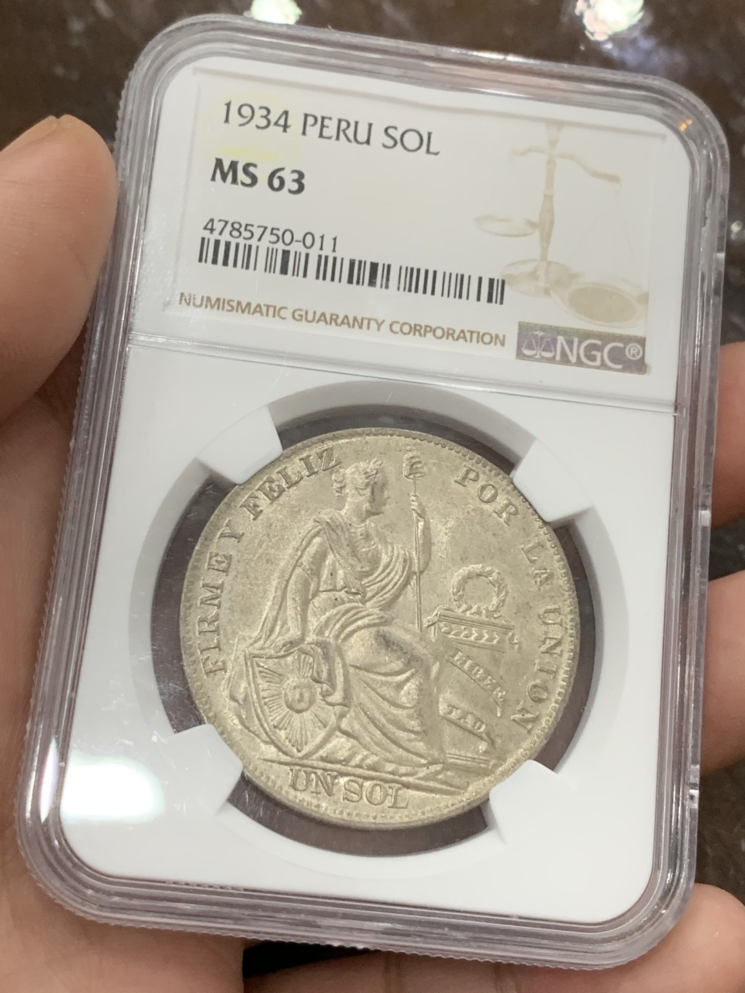 《竞宝斋》第106场-周日，周一 2场连拍（全场包邮） NGC-MS63 秘鲁1934年 1索尔大银币 原光好品 较少见的品种