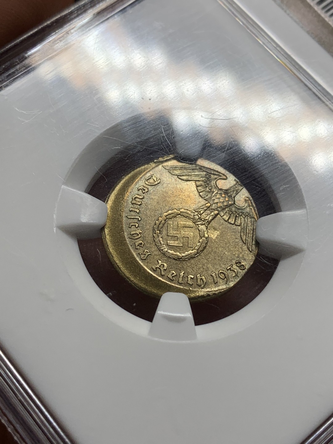 《竞宝斋》第106场-周日，周一 2场连拍（全场包邮） NGC-MS63 MINT ERROR 德国 1938年 第三帝国5芬尼偏打错币 唯一冠军分 2020.9.6同分成交价¥2,387.36