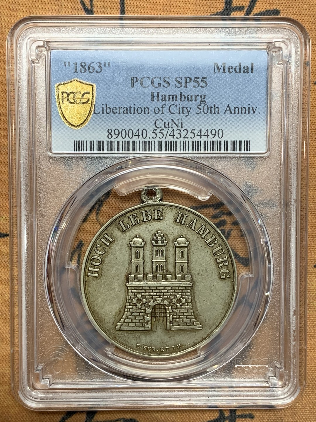 《竞宝斋》第106场-周日，周一 2场连拍（全场包邮） PCGS-SP55 1863汉堡光复自由市50周年纪念章 对应1813年德邦摆脱拿破仑统治 铜镍合金 R级稀少品种