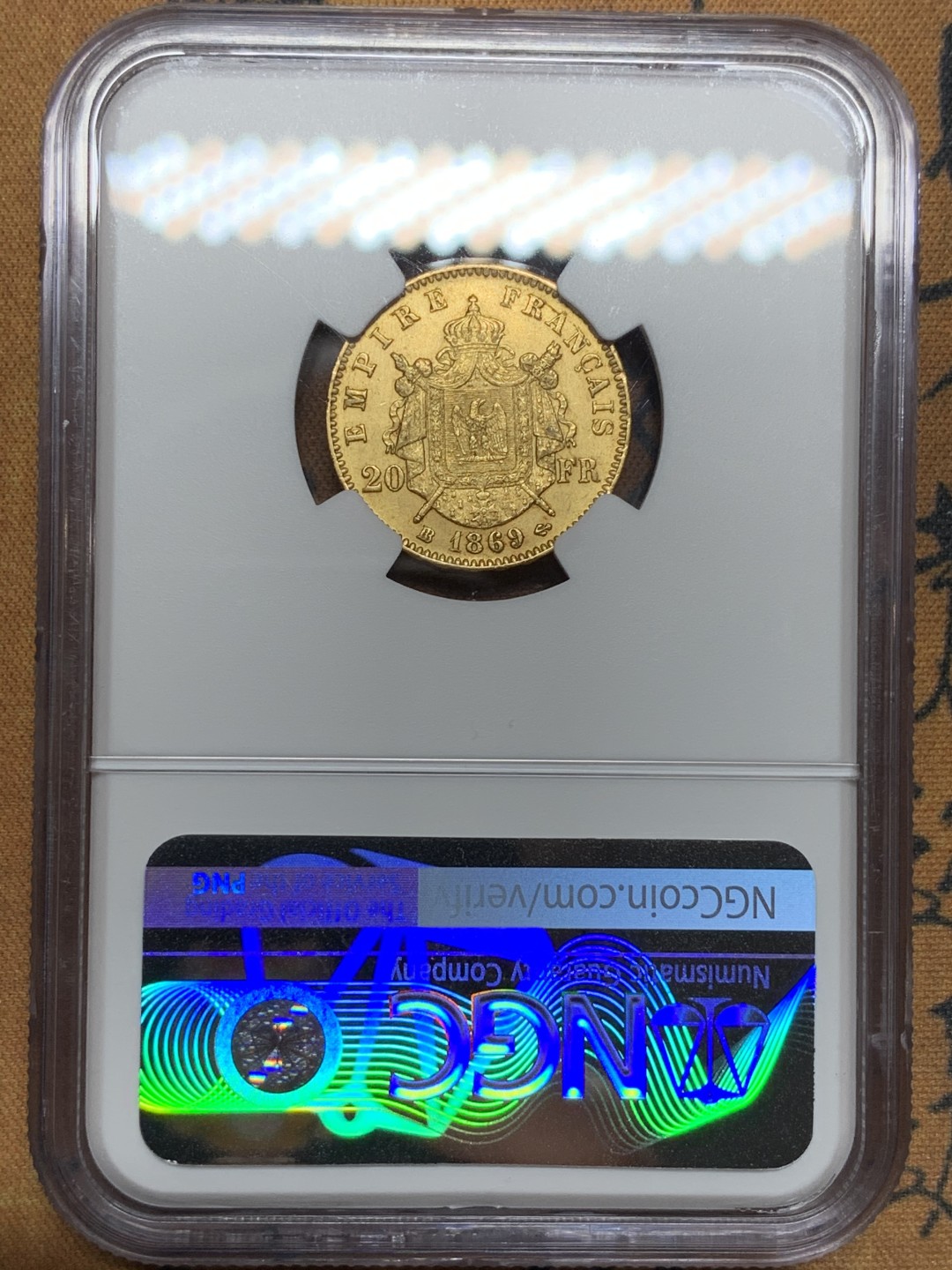 《竞宝斋》第106场-周日，周一 2场连拍（全场包邮） NGC-MS62 1869BB法国拿三桂冠版20法郎金币，细节清晰，好品难得