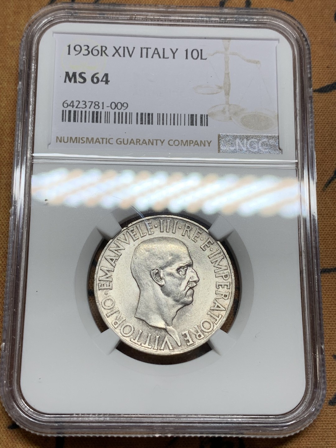 《竞宝斋》第106场-周日，周一 2场连拍（全场包邮） NGC-MS64 意大利1936年 艾曼纽尔三世 10里拉银币 少见品种 高分