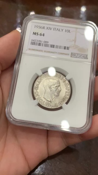 《竞宝斋》第106场-周日，周一 2场连拍（全场包邮） NGC-MS64 意大利1936年 艾曼纽尔三世 10里拉银币 少见品种 高分