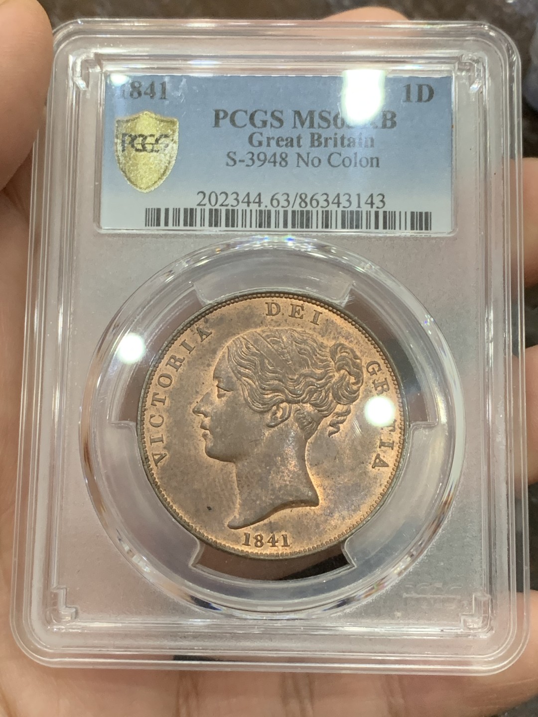 《竞宝斋》第106场-周日，周一 2场连拍（全场包邮） PCGS-MS63RB 英国1841年维多利亚1便士大铜币，维多利亚1便士首年份 状态实为难得