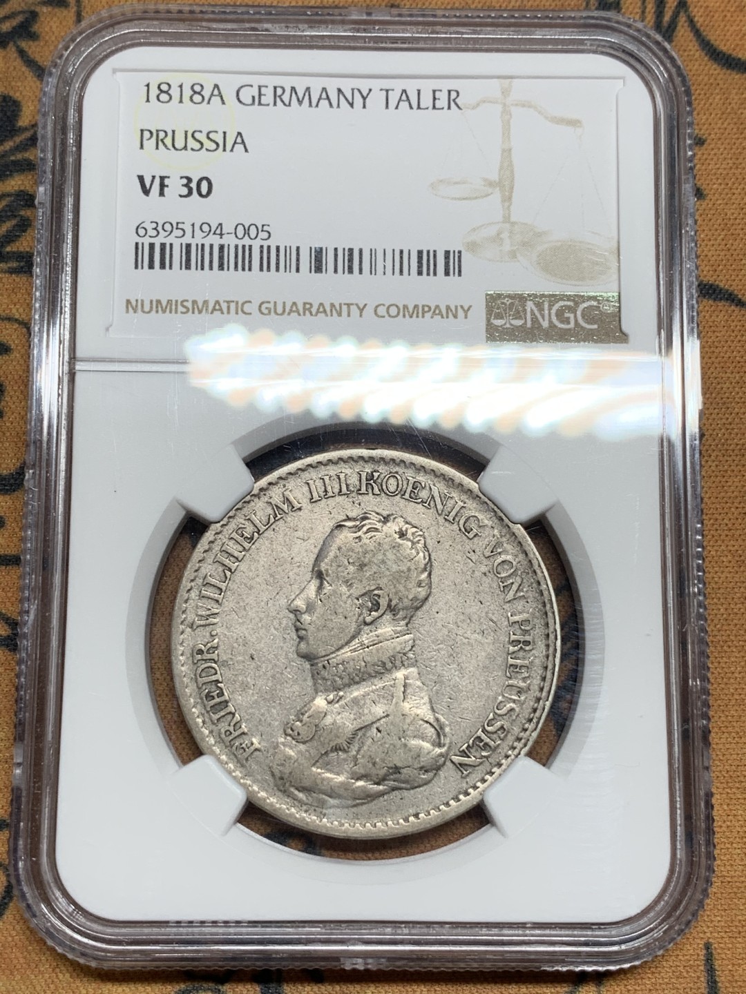 《竞宝斋》第106场-周日，周一 2场连拍（全场包邮） NGC-VF30 德国普鲁士 1818年 威廉三世 1泰勒银币 原味好品 好年份