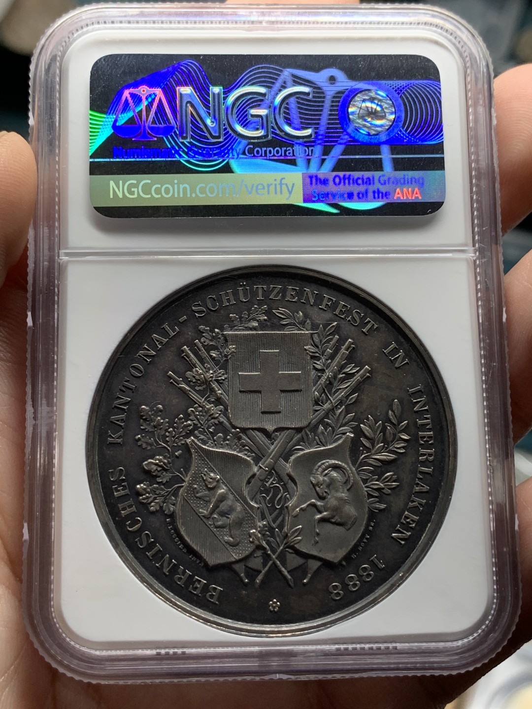 《竞宝斋》第106场-周日，周一 2场连拍（全场包邮） NGC MS61 瑞士 1888年 伯尔尼因特拉肯射击节大银章 稀少品种 原味包浆 低评好品好状态