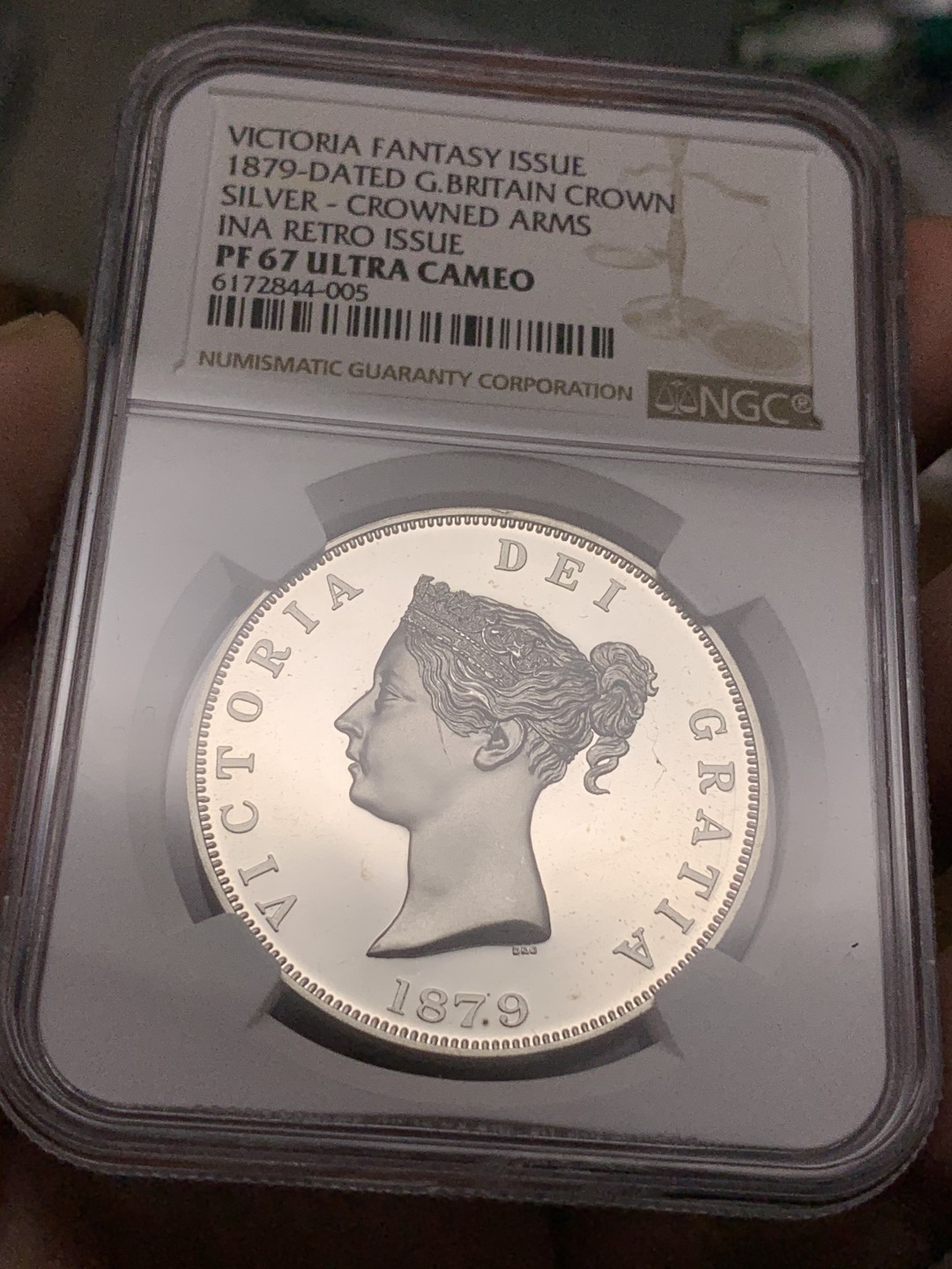 《竞宝斋》第106场-周日，周一 2场连拍（全场包邮） NGC PF67UL 英国 1879年 英国维多利亚克朗，银质样币 超高浮雕，状态好（应该2000年复刻）