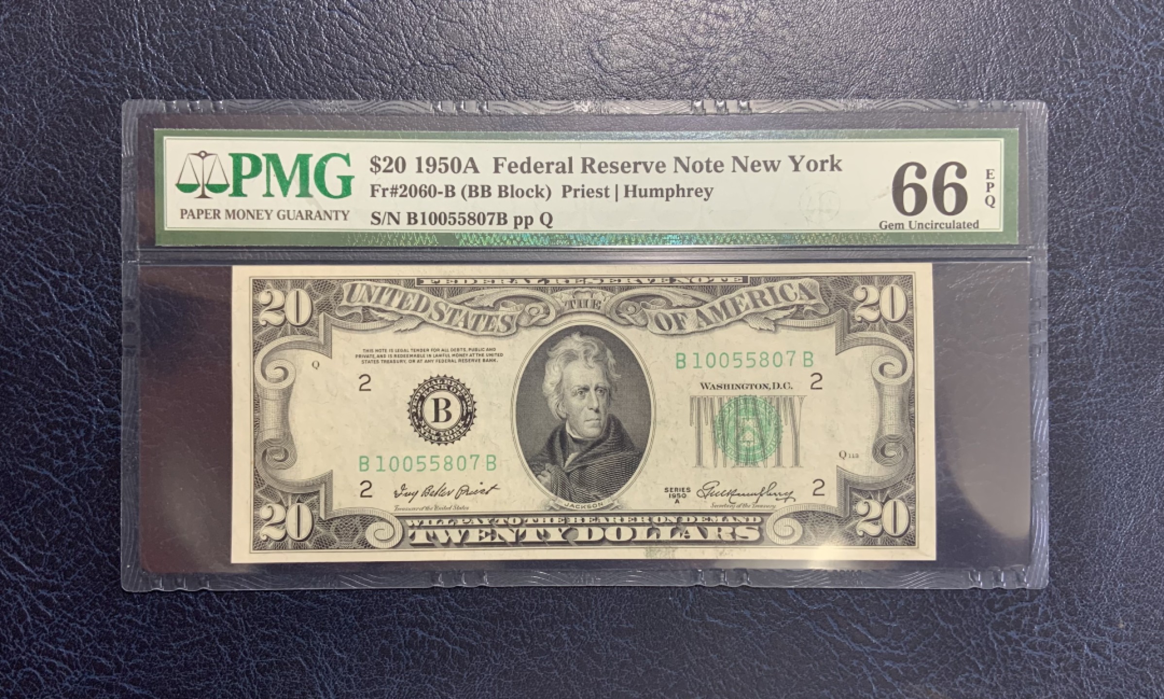 收藏联盟Quantum Auction 第199期拍卖  美国1950年联邦储备券20元 PMG66 号码无4