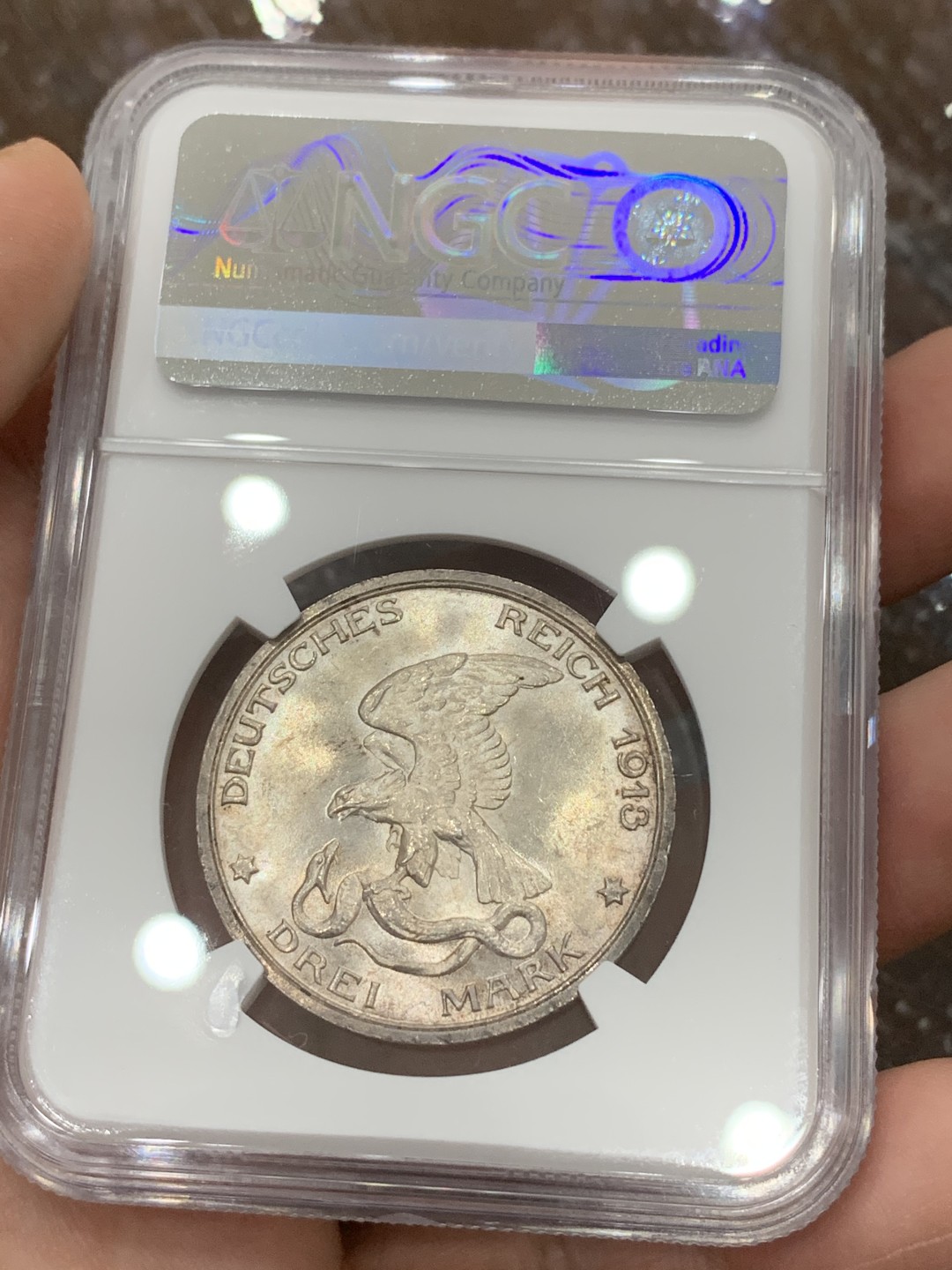 《竞宝斋》第106场-周日，周一 2场连拍（全场包邮） NGC-MS64 德国普鲁士1913年 普法战争3马克银币 原光带彩