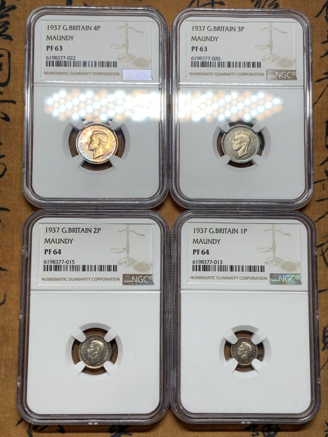 《竞宝斋》第106场-周日，周一 2场连拍（全场包邮） NGC PF63-64 1937年 英国 乔治六世 首年 原味五彩濯足银币 一套