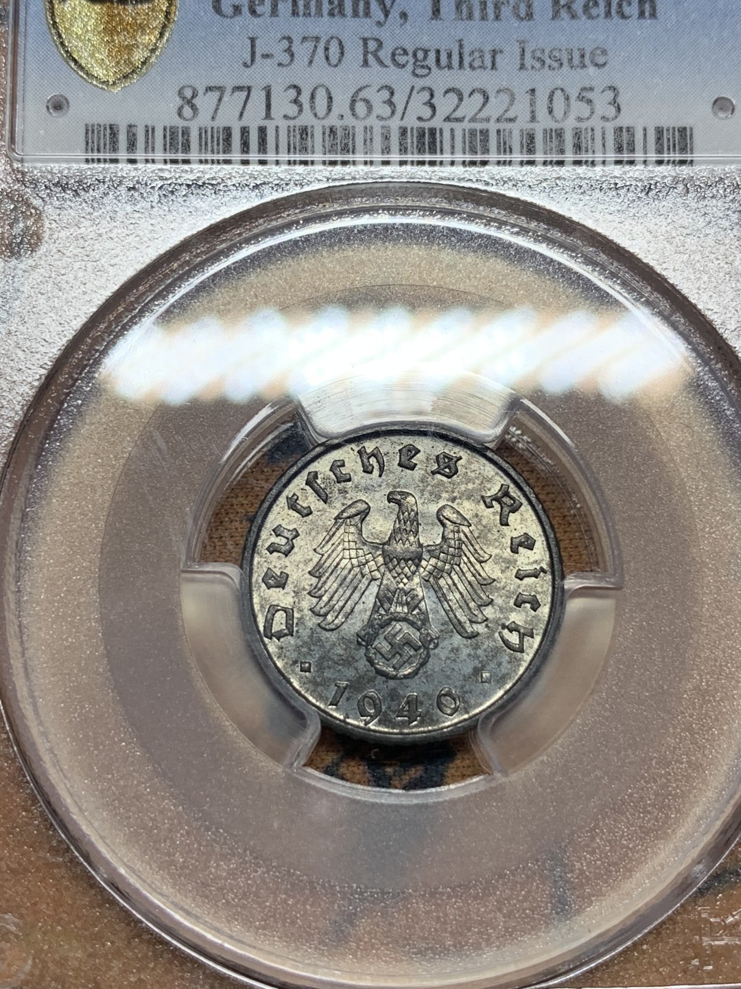 《竞宝斋》第106场-周日，周一 2场连拍（全场包邮） PCGS-MS63 德国第三帝国1940年5芬尼锌币，锌币不易保存，少见好品