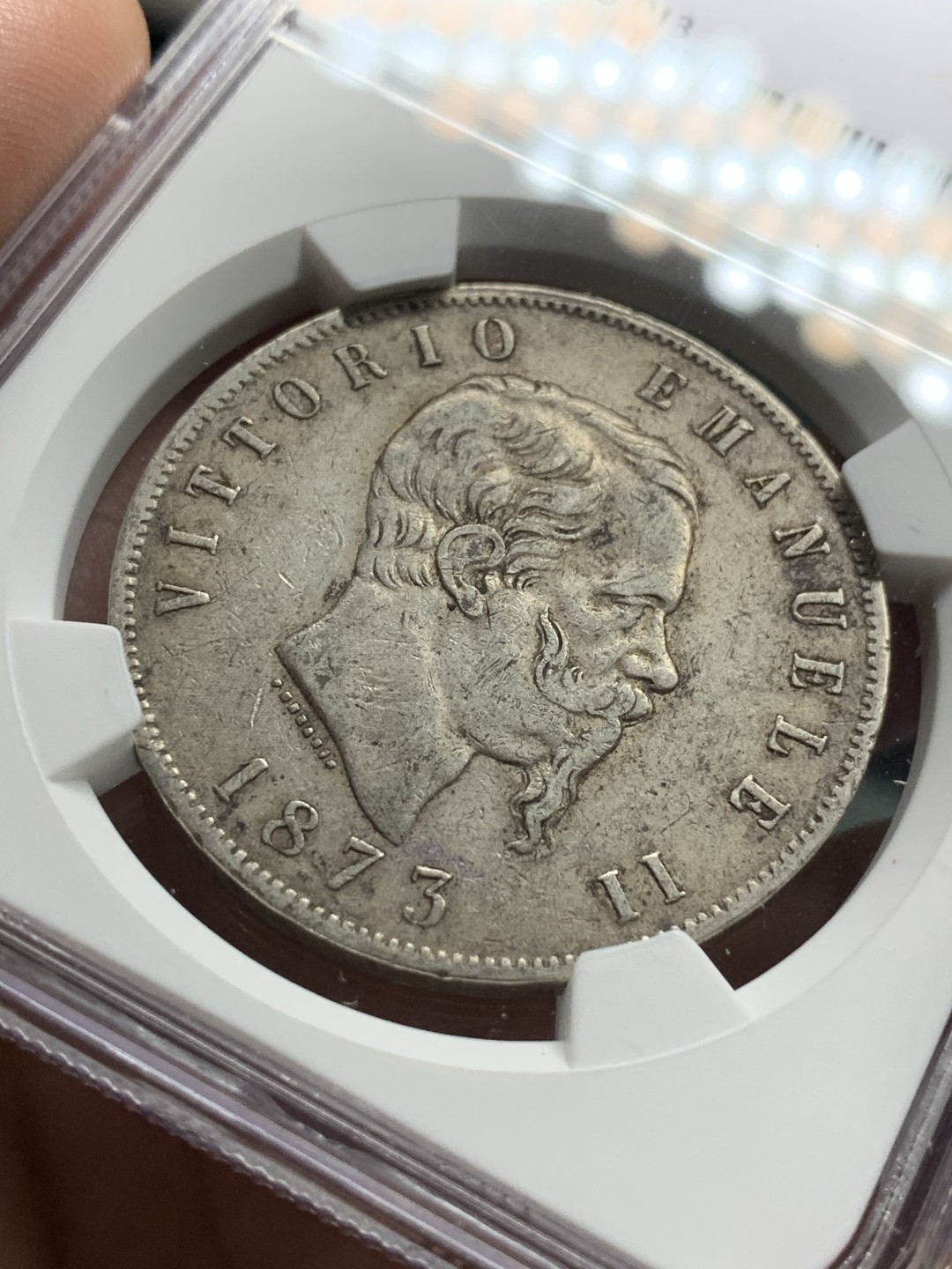 《竞宝斋》第106场-周日，周一 2场连拍（全场包邮） NGC-AU50 意大利1873年 艾曼纽尔二世 5里拉大银币 原味好品