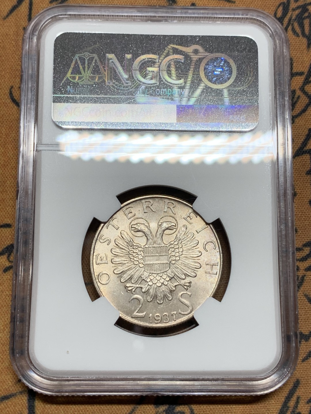 《竞宝斋》第106场-周日，周一 2场连拍（全场包邮） NGC-MS63 奥地利1937年 圣夏勒堂 早期2先令银币 原光好品