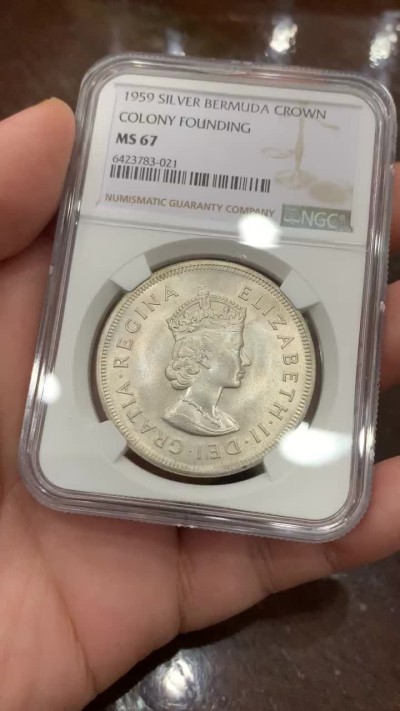《竞宝斋》第106场-周日，周一 2场连拍（全场包邮） NGC-MS67 百慕大1959年 殖民地纪念 1克朗大银币 顶级品相 变态高分