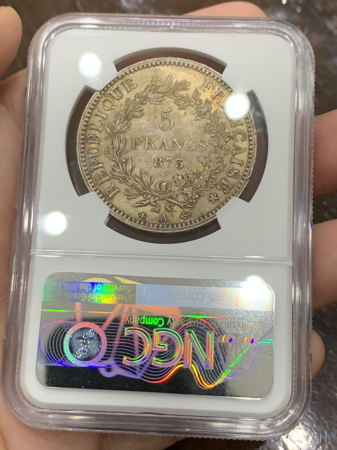 《竞宝斋》第106场-周日，周一 2场连拍（全场包邮） NGC-MS64 法国1873年 大力神5法郎银币 五彩包浆非常漂亮