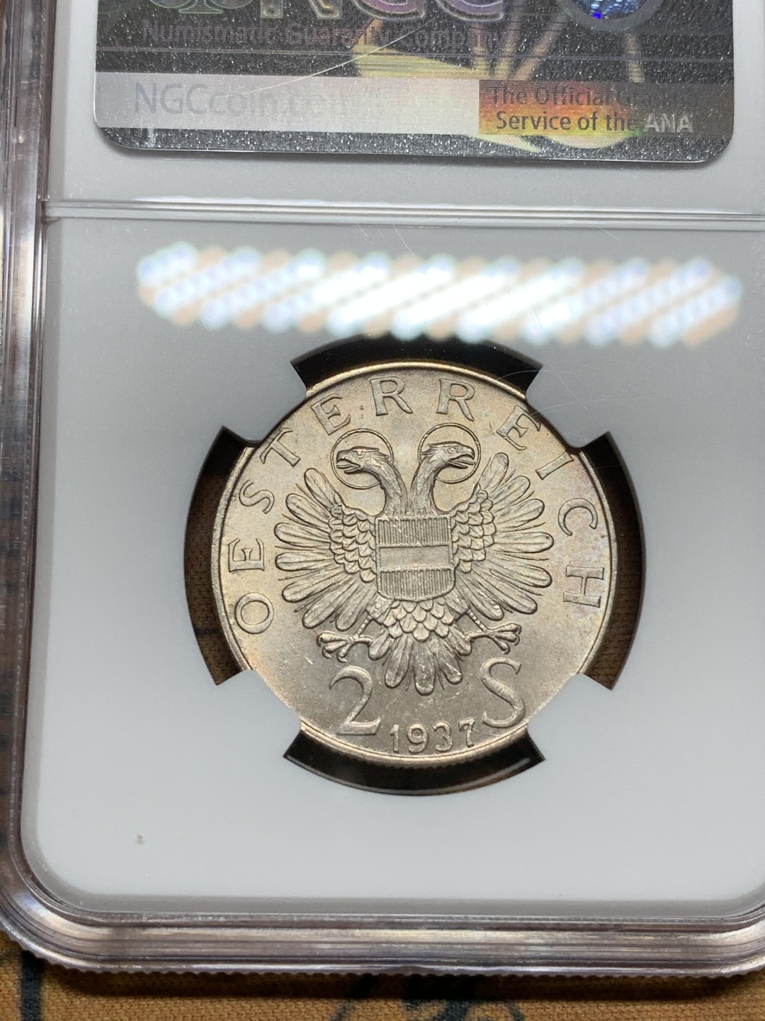 《竞宝斋》第106场-周日，周一 2场连拍（全场包邮） NGC-MS63 奥地利1937年 圣夏勒堂 早期2先令银币 原光好品