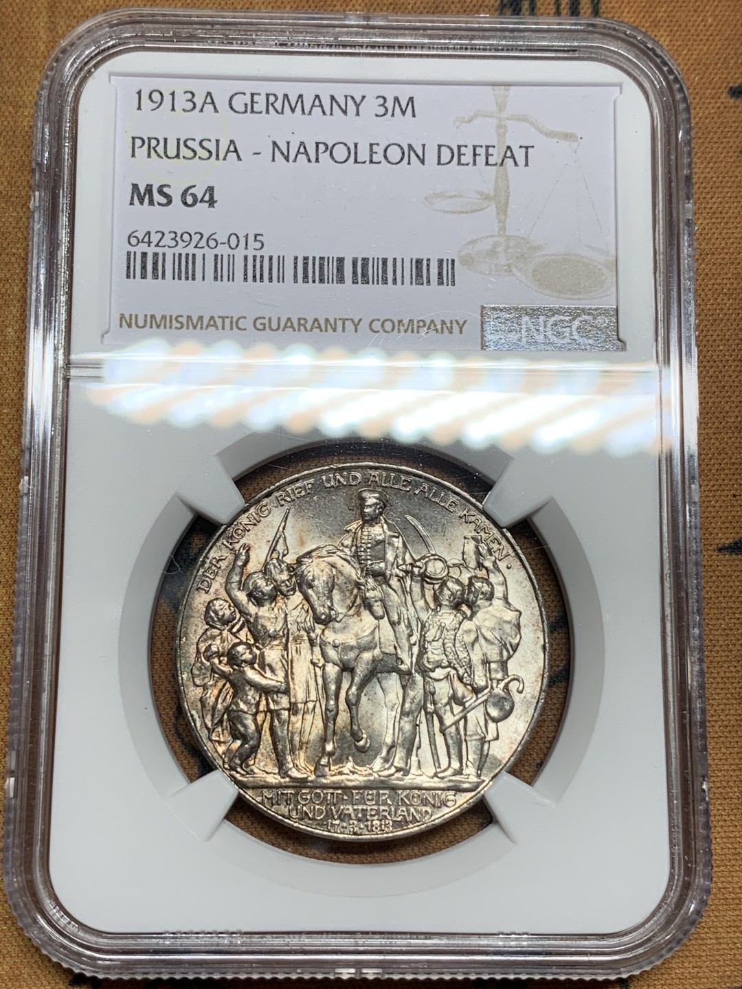 《竞宝斋》第106场-周日，周一 2场连拍（全场包邮） NGC-MS64 德国普鲁士1913年 普法战争3马克银币 原光带彩