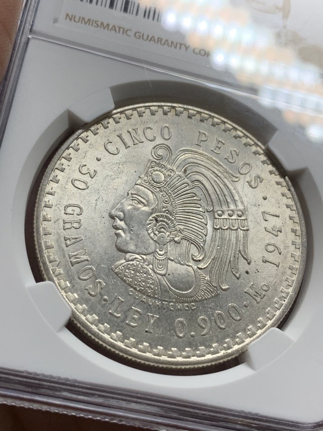 《竞宝斋》第106场-周日，周一 2场连拍（全场包邮） NGC-MS63 墨西哥1947年 印第安人头像5比索大银币 原光好品