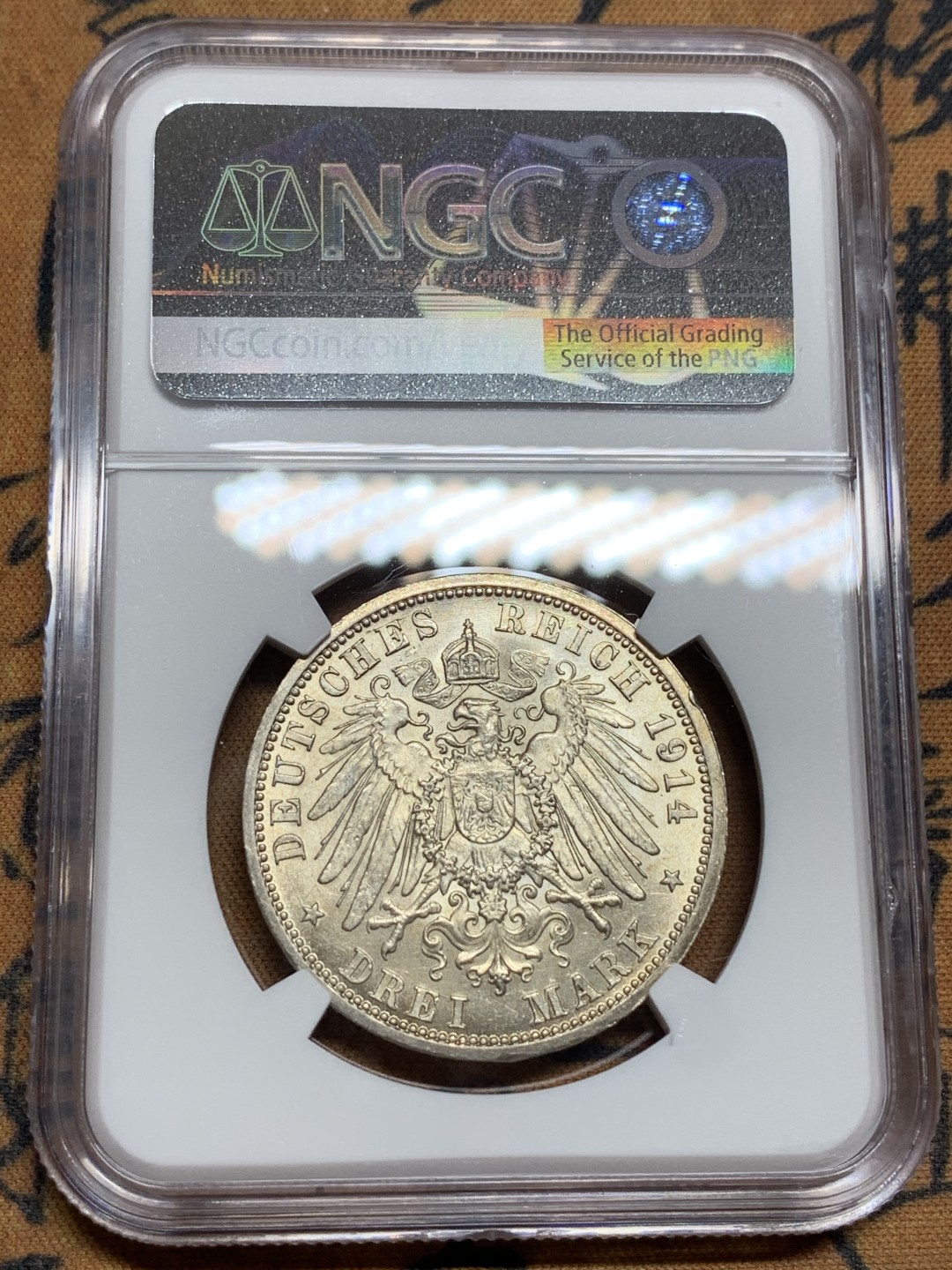 《竞宝斋》第106场-周日，周一 2场连拍（全场包邮） NGC-MS62 德国1914年 普鲁士军装 3马克银币 原光好品