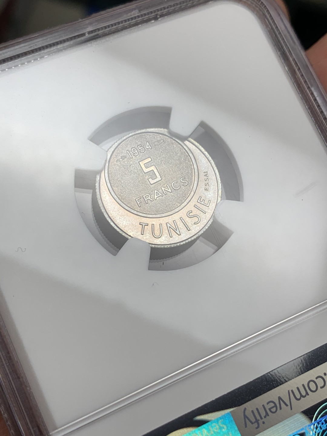 《竞宝斋》第106场-周日，周一 2场连拍（全场包邮） NGC季军分 NGC-MS64 突尼斯 1954年5法郎ESSAI样币 币面标注ESSAI，发行稀少。罕见的品种