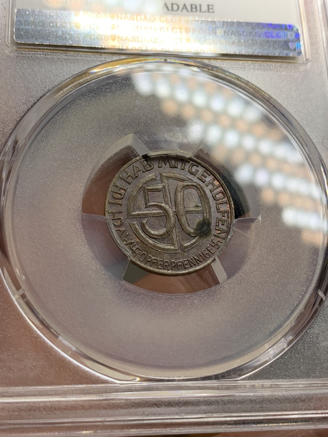 《竞宝斋》第106场-周日，周一 2场连拍（全场包邮） PCGS UNC97 德国1938年 小胡子 50芬尼 代用币 这个头像带面值的基本见不到，这个细节好给了97 比较遗憾