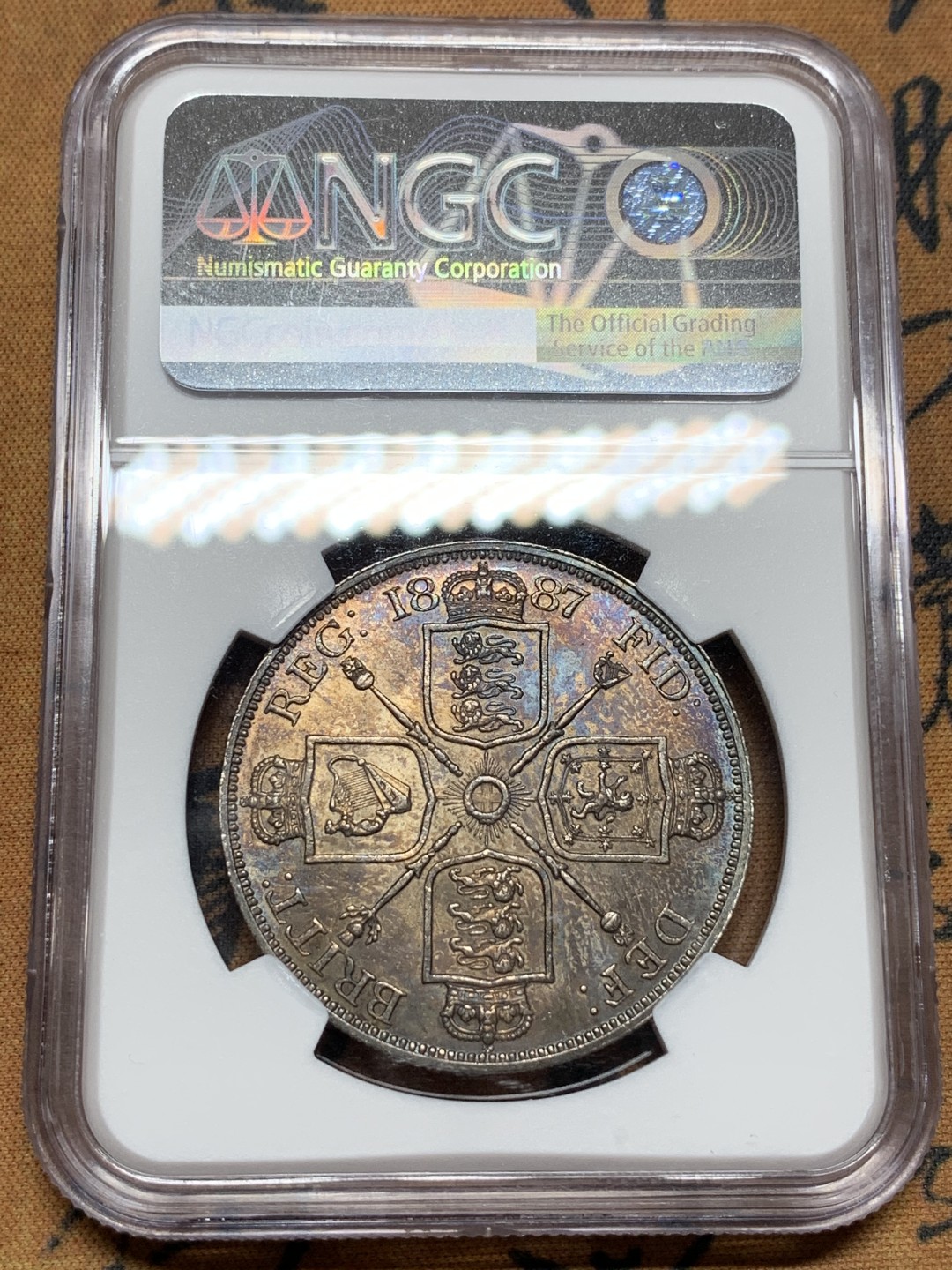 《竞宝斋》第106场-周日，周一 2场连拍（全场包邮） NGC MS61 英国1887年维多利亚高冠4先令双弗洛林银币原光五彩，罗马体