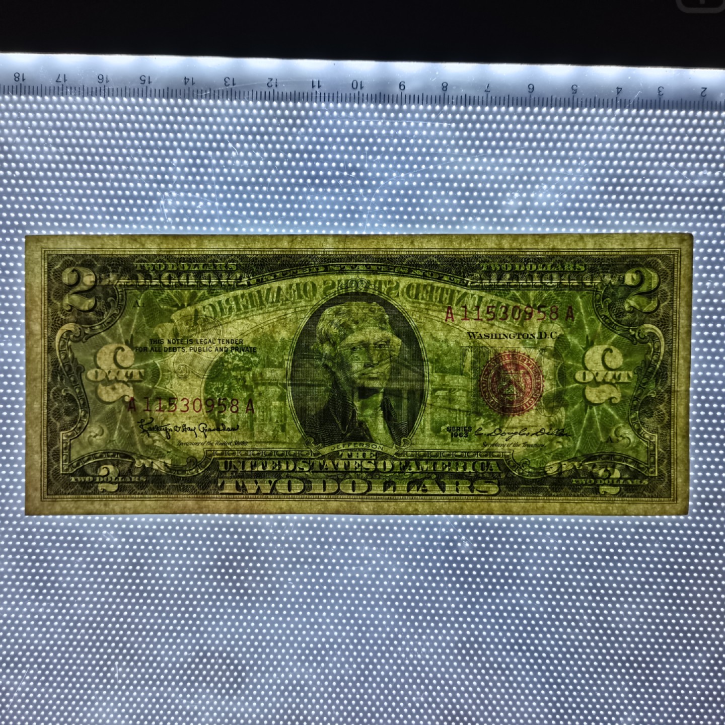 爱淘收藏麦稀奇专场首拍，包邮无押无佣金. 美国1963年红库印AA冠2美元政府券