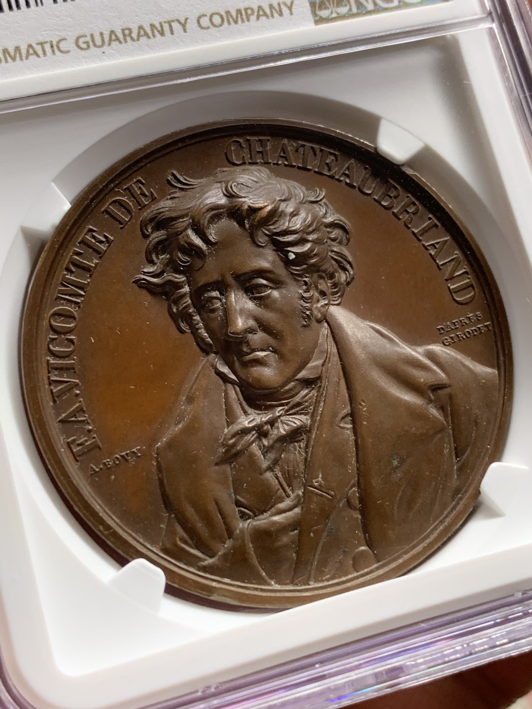 《竞宝斋》第106场-周日，周一 2场连拍（全场包邮） NGC MS64 加厚盒1844法国作家外交家夏多布里昂纪念铜章 巧克力色高浮雕