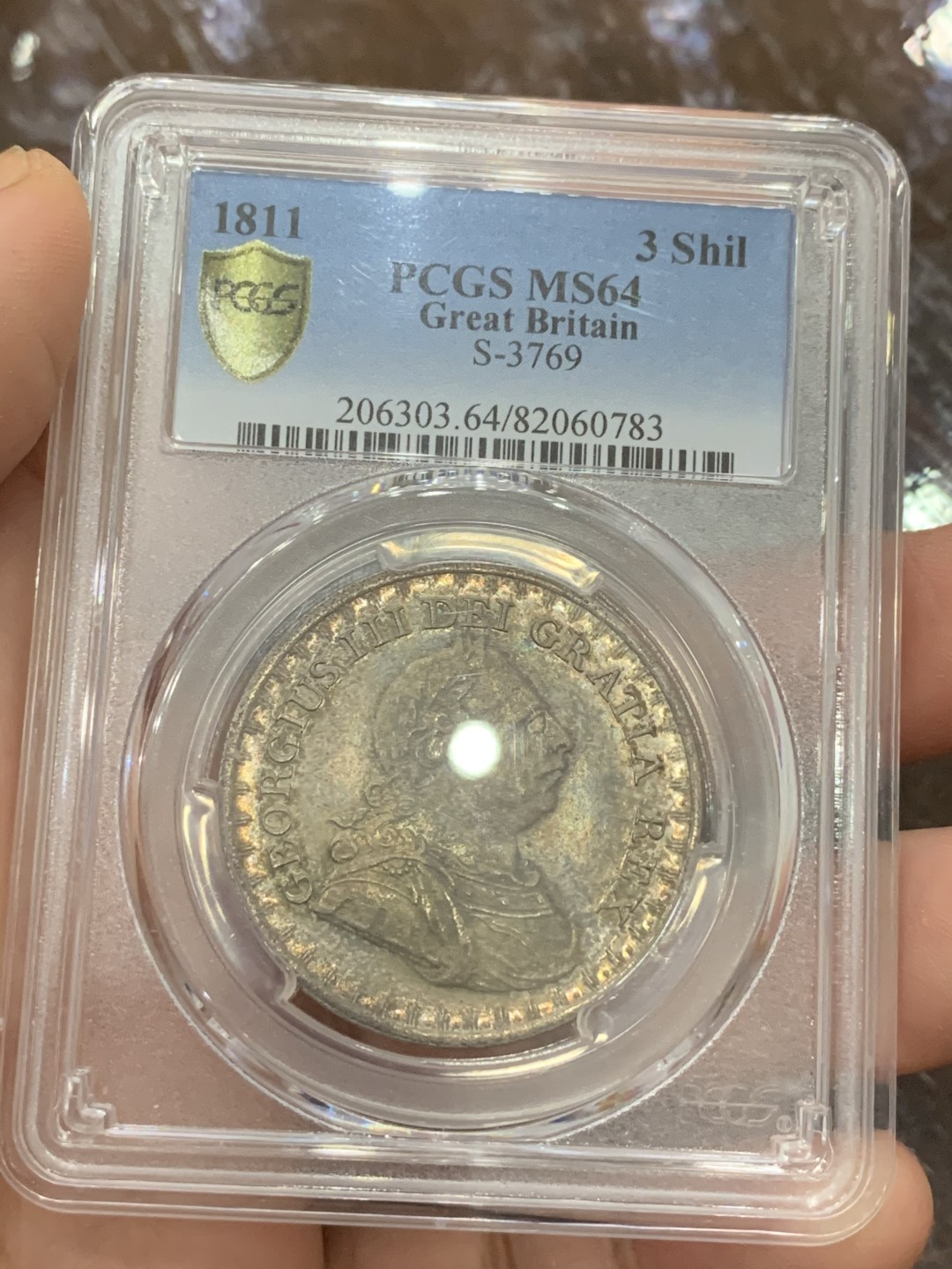 《竞宝斋》第106场-周日，周一 2场连拍（全场包邮） PCGS MS64 英格兰银行 1811年 双面深五彩 乔三大头 3先令银币 极少品种 书价高 高分难得