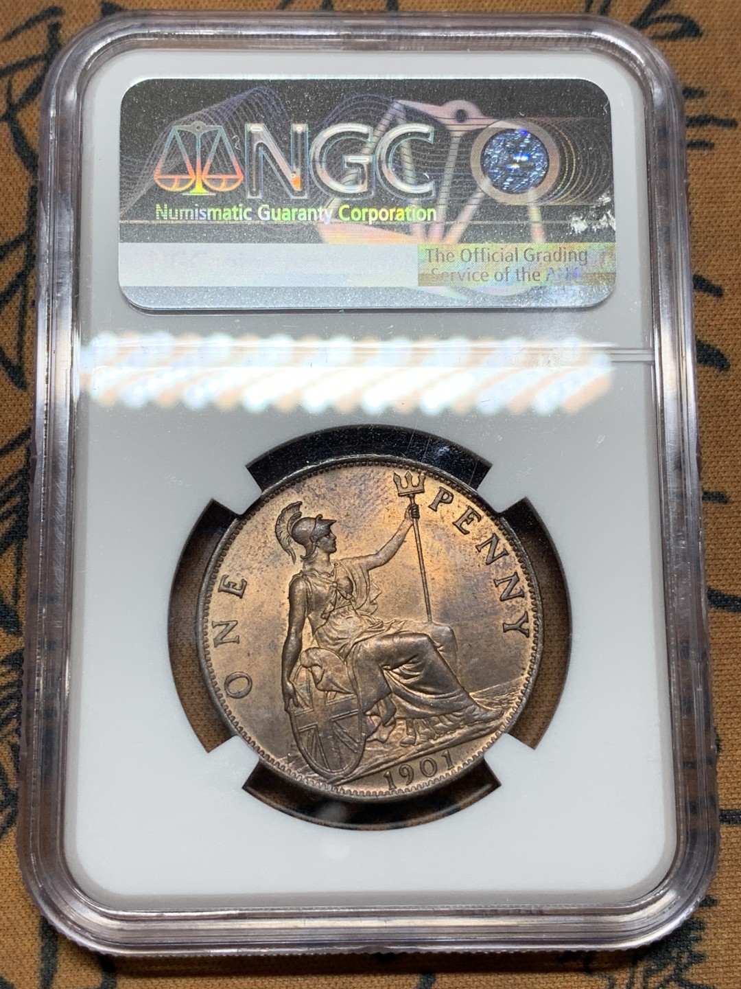 《竞宝斋》第106场-周日，周一 2场连拍（全场包邮） NGC-MS64RB 1901年英国维多利亚披纱1便士铜币，铜色满溢，状态好