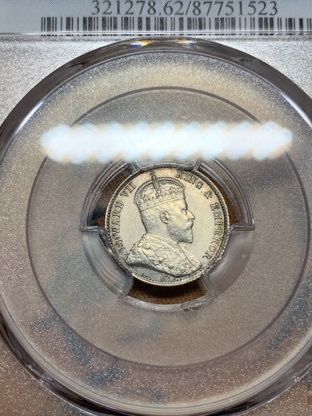 PCGS-MS62 1904年香港五仙银币，爱德华七世。环彩包浆，转光流畅，皇冠