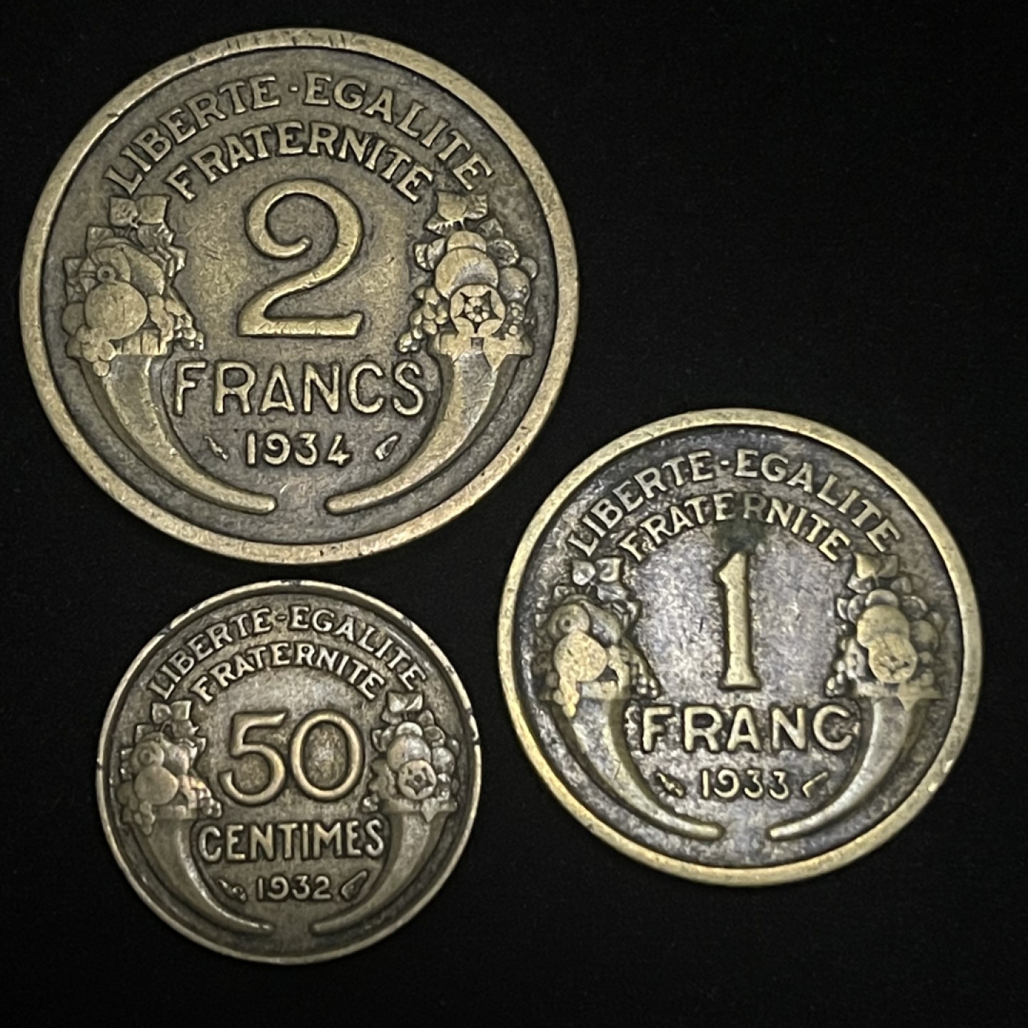 外国硬币0元起拍（7） 1932，1933，1934 法国50生丁、1法郎、2法郎