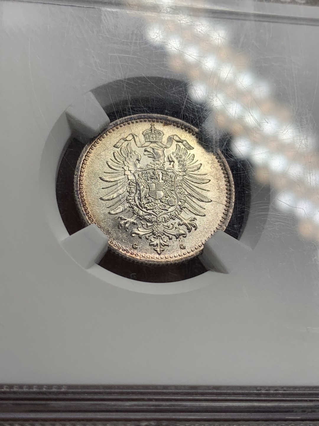 《竞宝斋》第106场-周日，周一 2场连拍（全场包邮） NGC-MS62 德国1875G短翅50芬尼银币 完美原光幻彩包浆 太漂亮