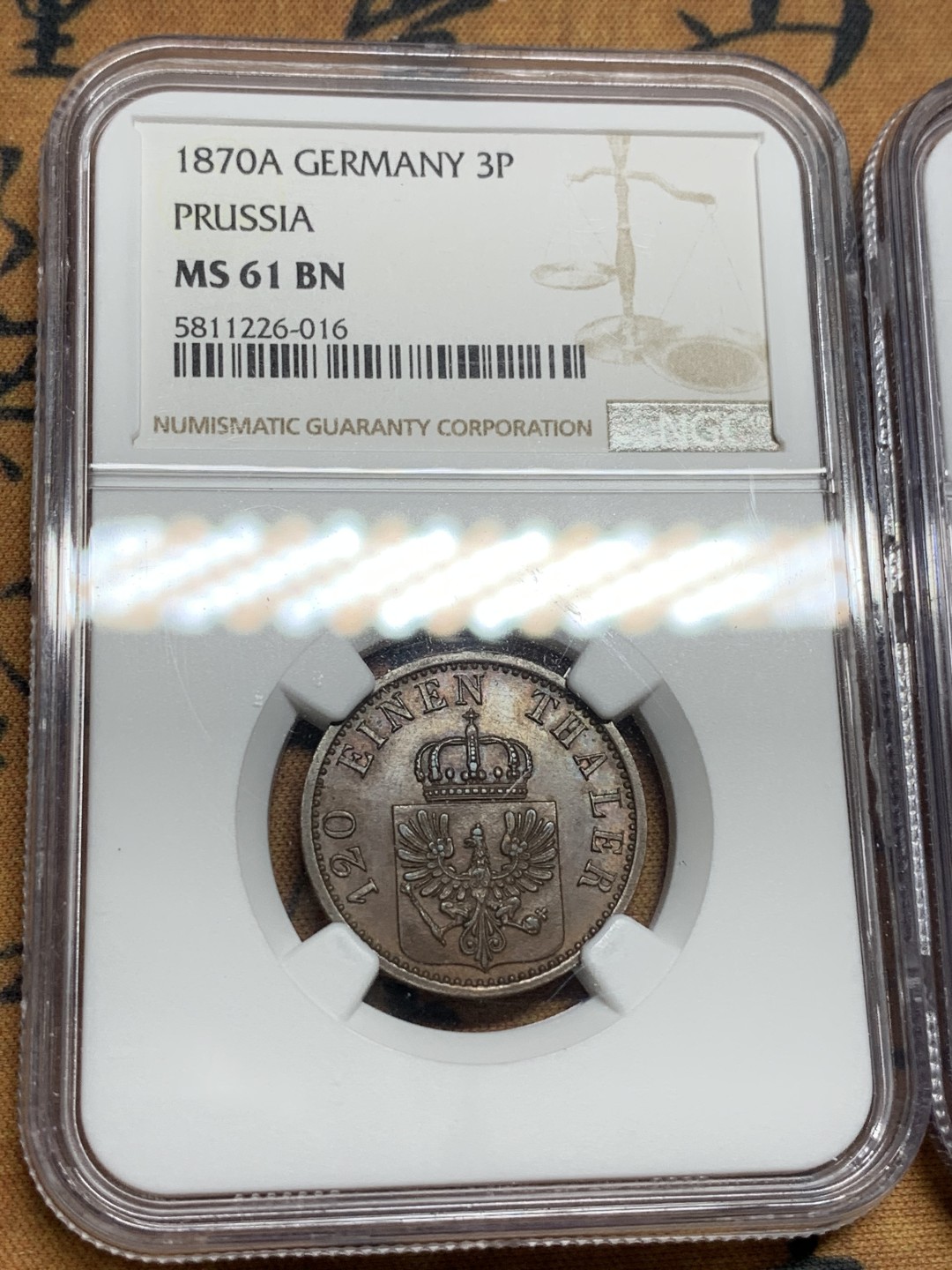 《竞宝斋》第106场-周日，周一 2场连拍（全场包邮） NGC/PCGS-MS61/UNC/AU 德系盒子币一组 2银1铜。含普鲁士3芬尼铜币，巴伐利亚3K银币，巴伐利亚2马克银币。实物状态都很好，银币转光