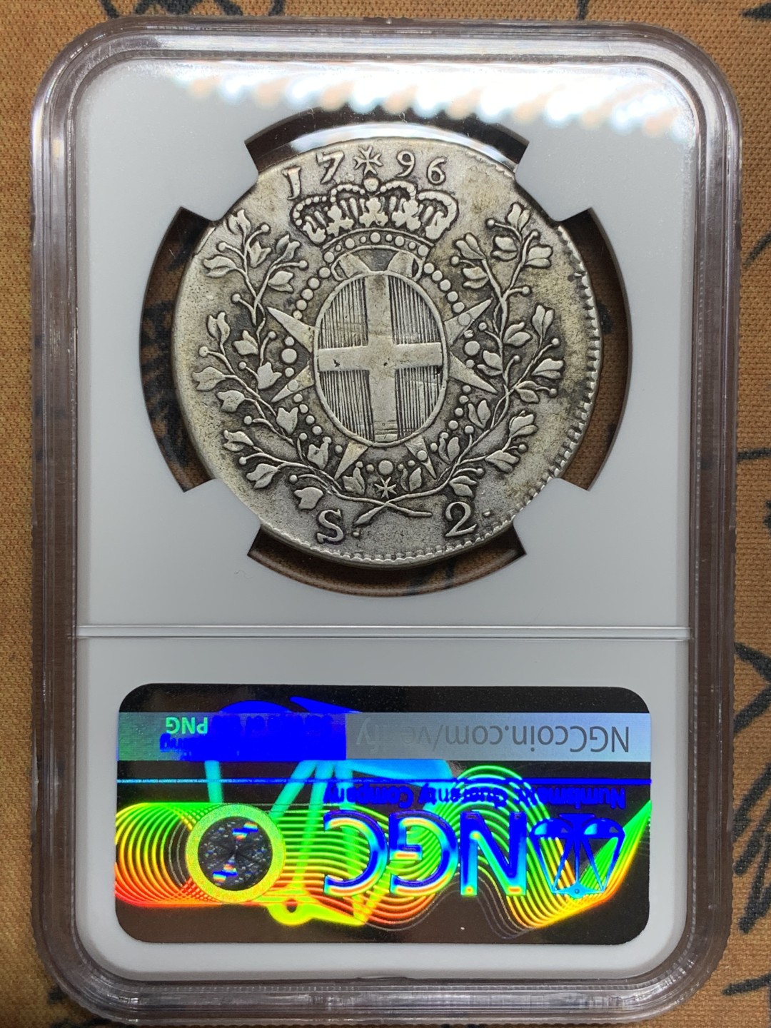 《竞宝斋》第106场-周日，周一 2场连拍（全场包邮） NGC-VF 马耳他骑士团1796年 伊曼纽尔.罗汉 2Scudi银币 非常少见的品种