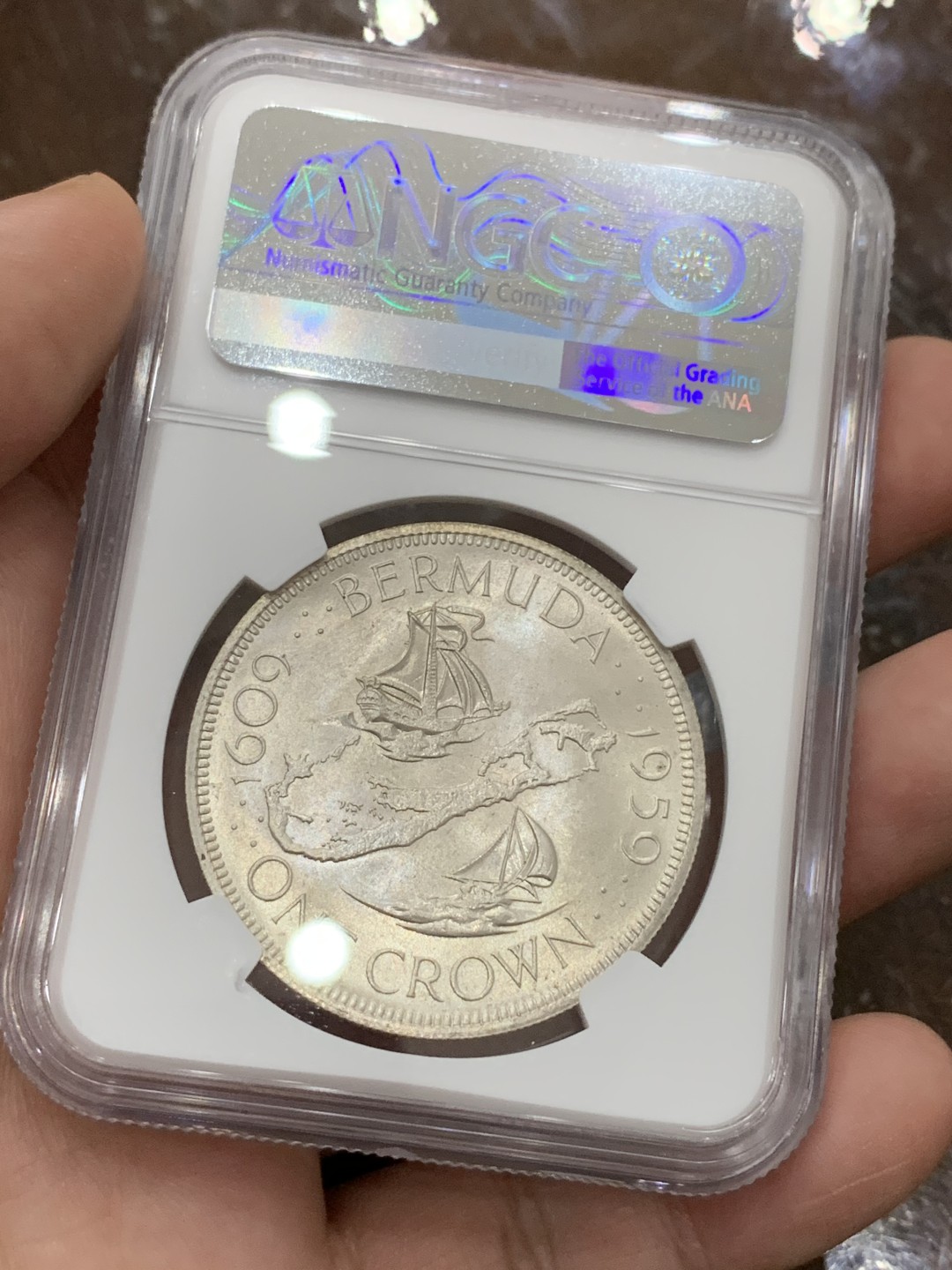 《竞宝斋》第106场-周日，周一 2场连拍（全场包邮） NGC-MS67 百慕大1959年 殖民地纪念 1克朗大银币 顶级品相 变态高分