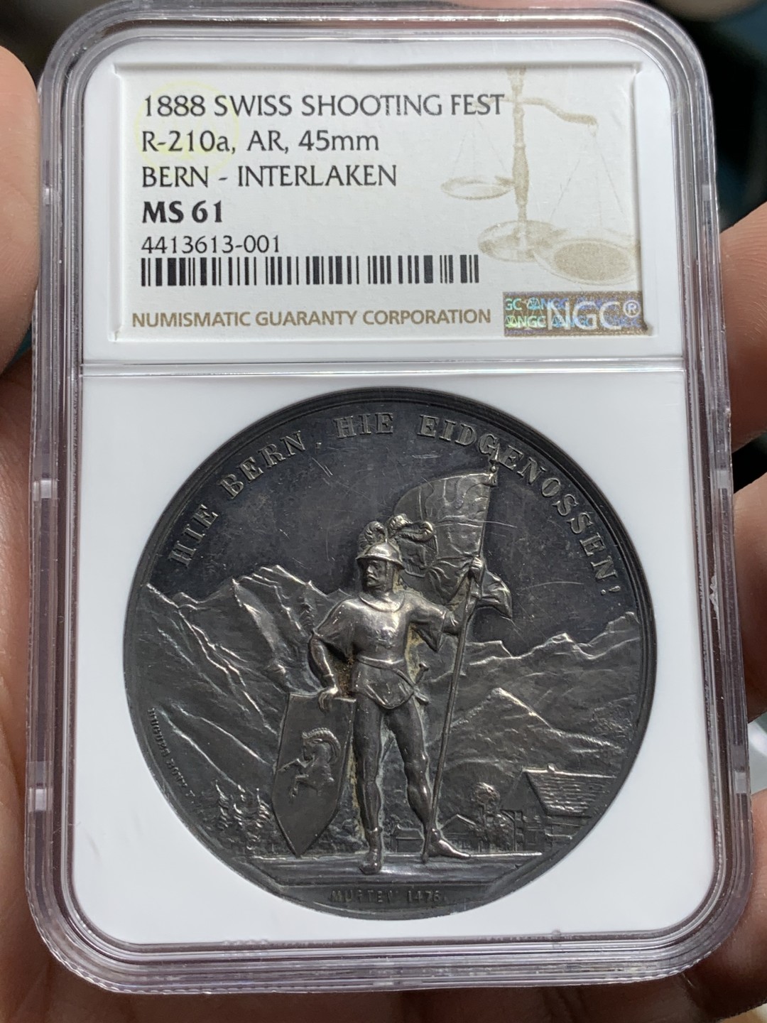 《竞宝斋》第106场-周日，周一 2场连拍（全场包邮） NGC MS61 瑞士 1888年 伯尔尼因特拉肯射击节大银章 稀少品种 原味包浆 低评好品好状态