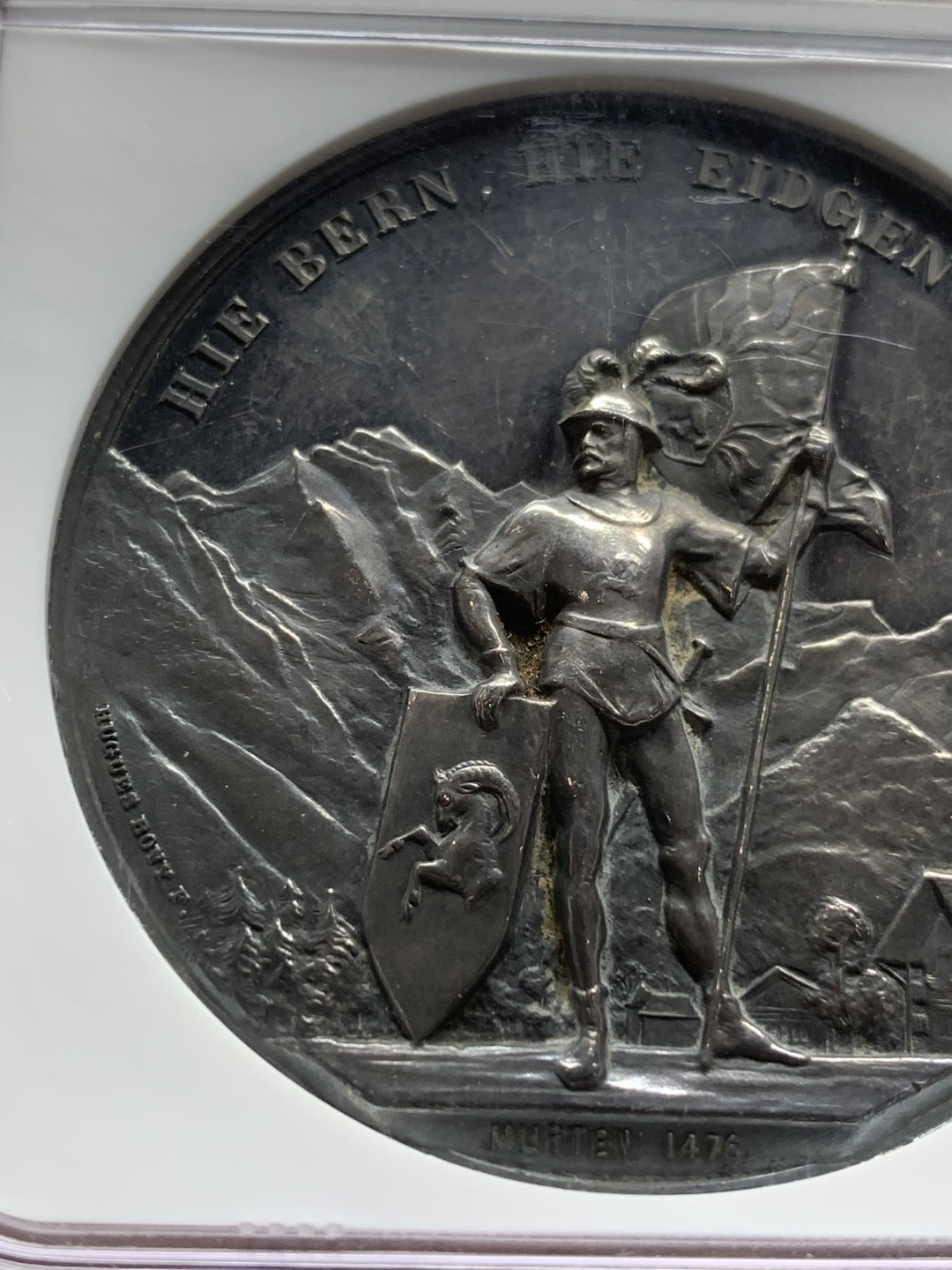 《竞宝斋》第106场-周日，周一 2场连拍（全场包邮） NGC MS61 瑞士 1888年 伯尔尼因特拉肯射击节大银章 稀少品种 原味包浆 低评好品好状态