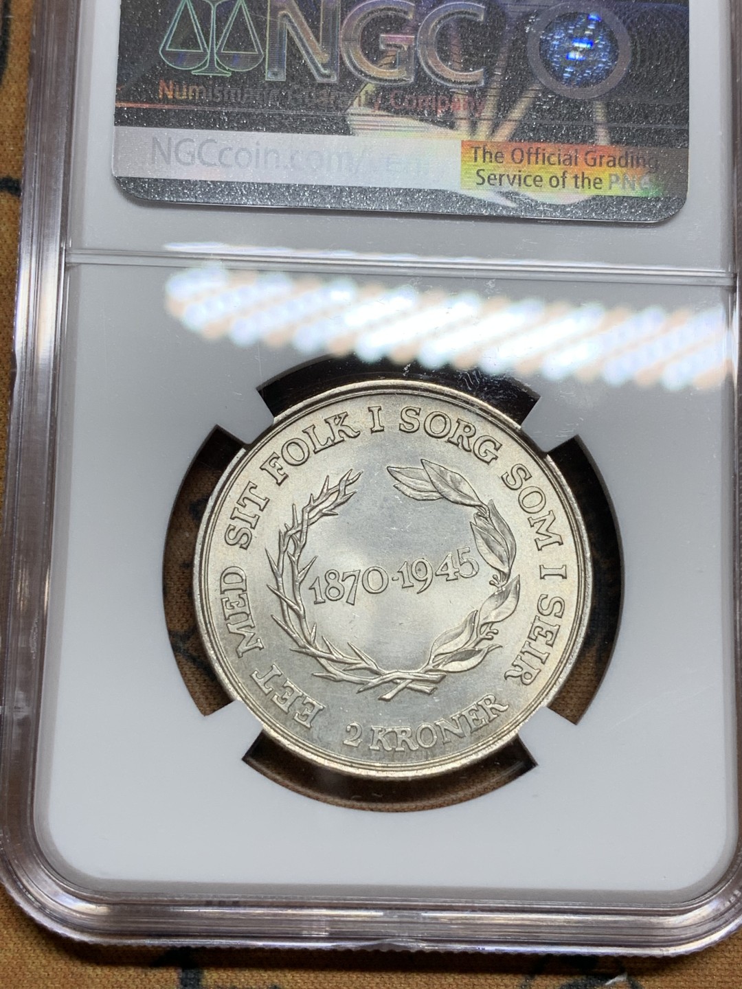 《竞宝斋》第106场-周日，周一 2场连拍（全场包邮） NGC-MS64 丹麦1945年 国王七十五周年生日纪念 2克朗银币 粉光 顶级状态