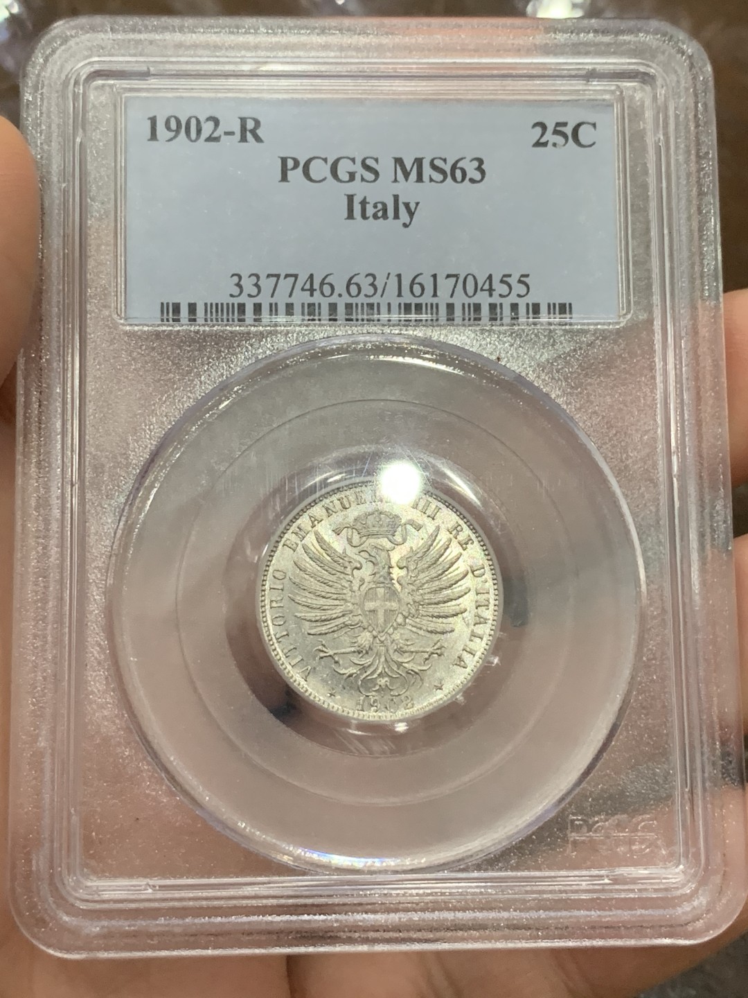 《竞宝斋》第106场-周日，周一 2场连拍（全场包邮） PCGS MS63 意大利王国 1902年 25分 镍币 老盒严评 稀少