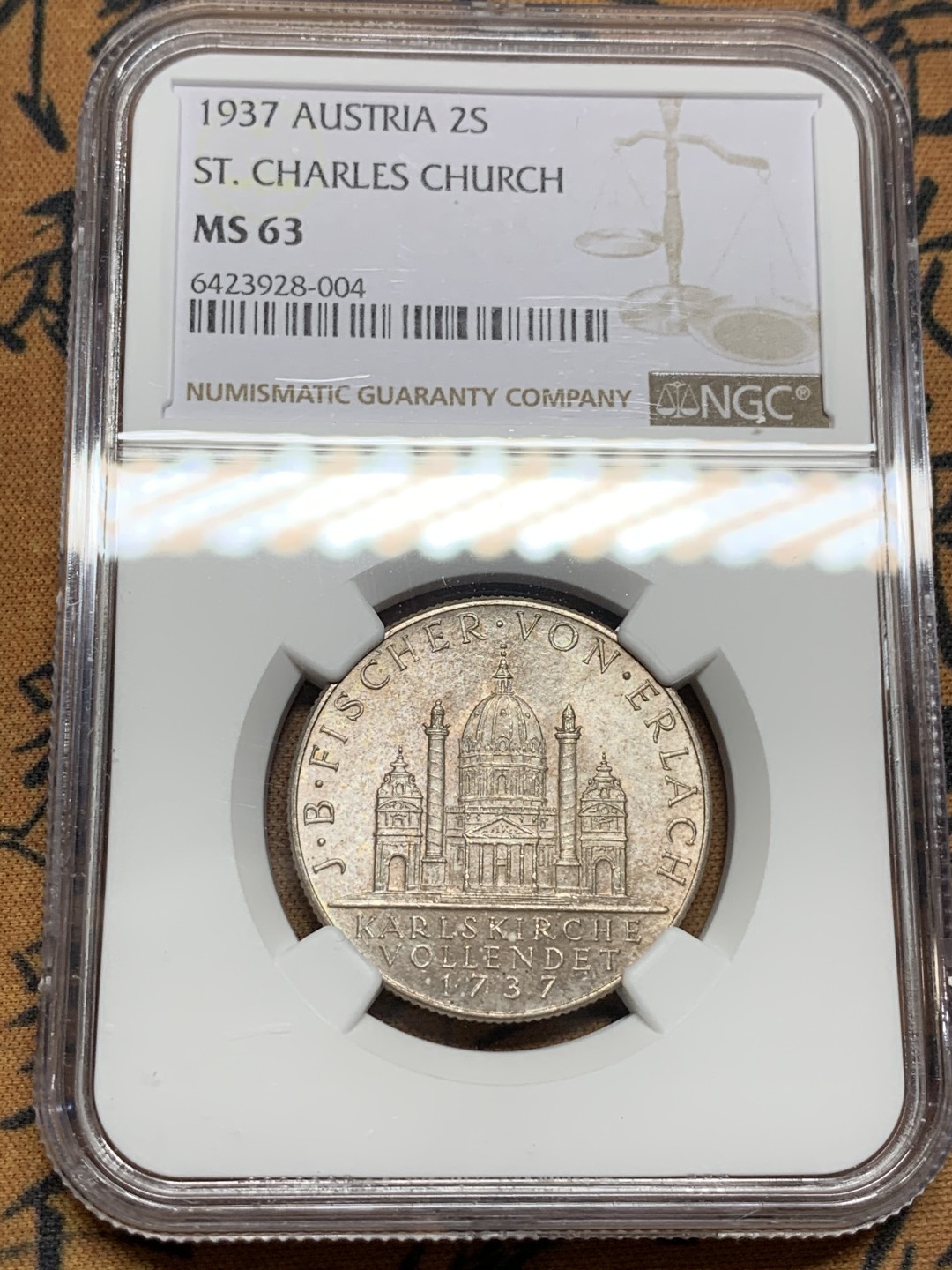 《竞宝斋》第106场-周日，周一 2场连拍（全场包邮） NGC-MS63 奥地利1937年 圣夏勒堂 早期2先令银币 原光好品