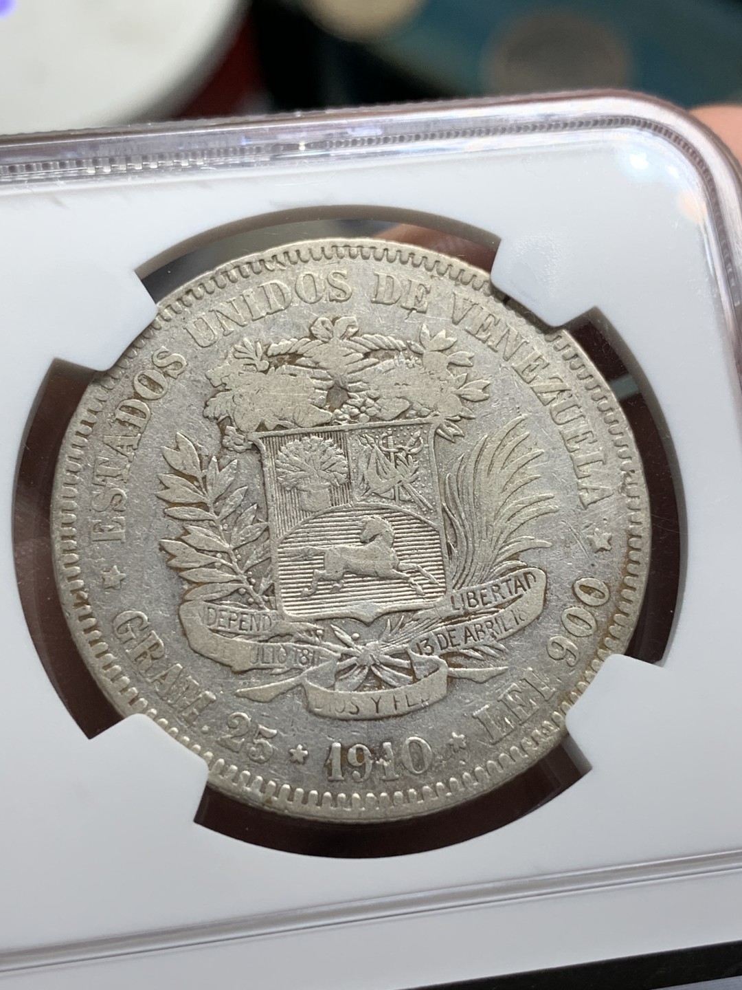 《竞宝斋》第106场-周日，周一 2场连拍（全场包邮） NGC-VFD 委内瑞拉 1910年 5玻利瓦尔银币 早期年份