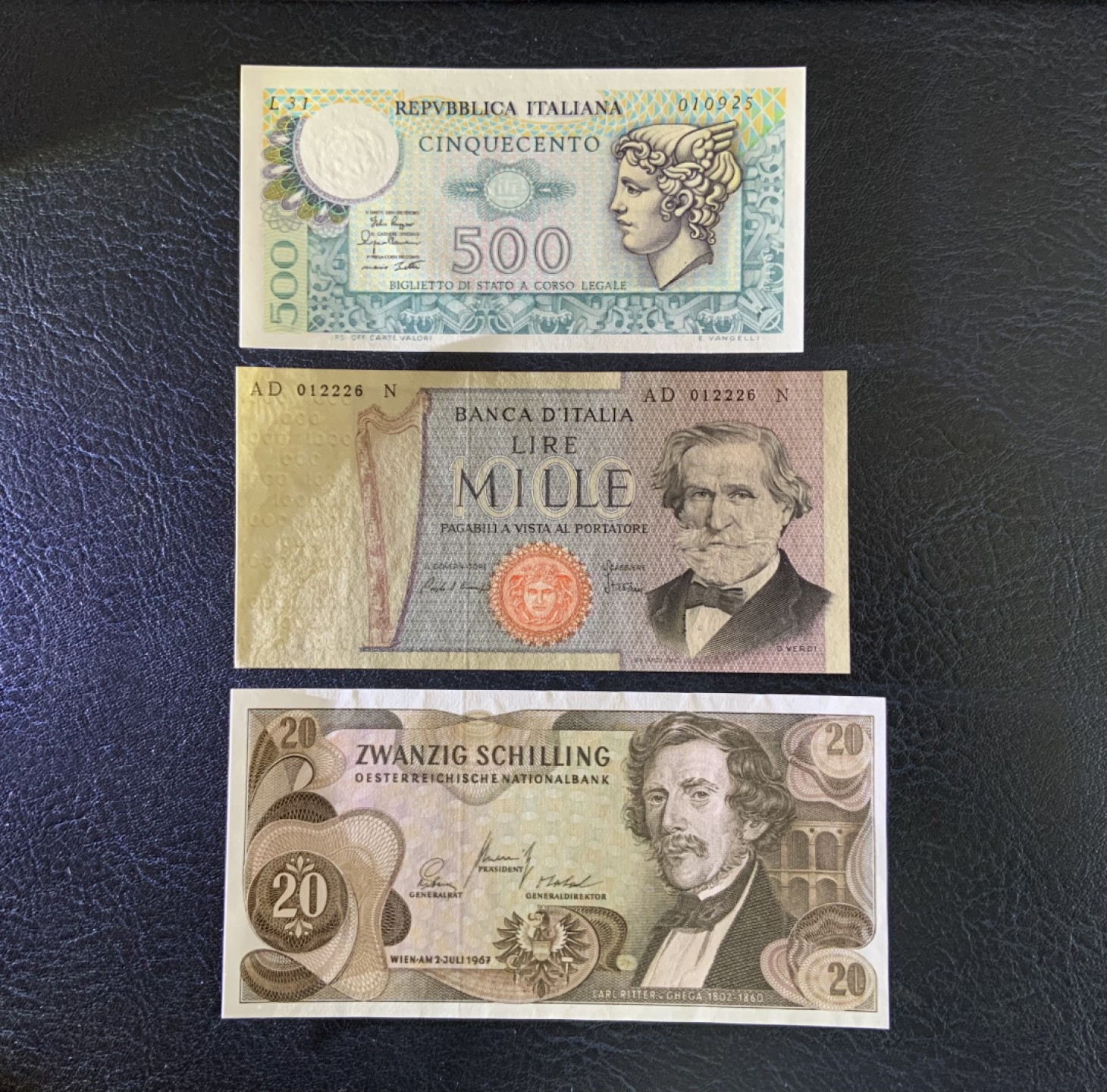 收藏联盟Quantum Auction 第199期拍卖  意大利和奥地利不同面值三张 品相全新UNC 1000里拉威尔第是初版