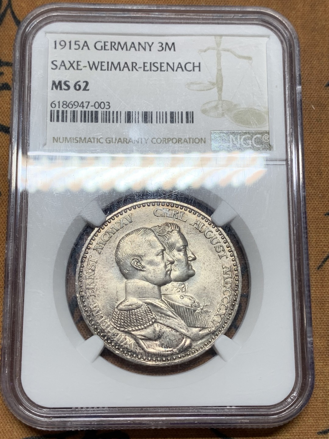 《竞宝斋》第106场-周日，周一 2场连拍（全场包邮） NGC  MS62 德国 1915年 萨克森-魏玛-爱森纳赫 3马克银币 少见品种