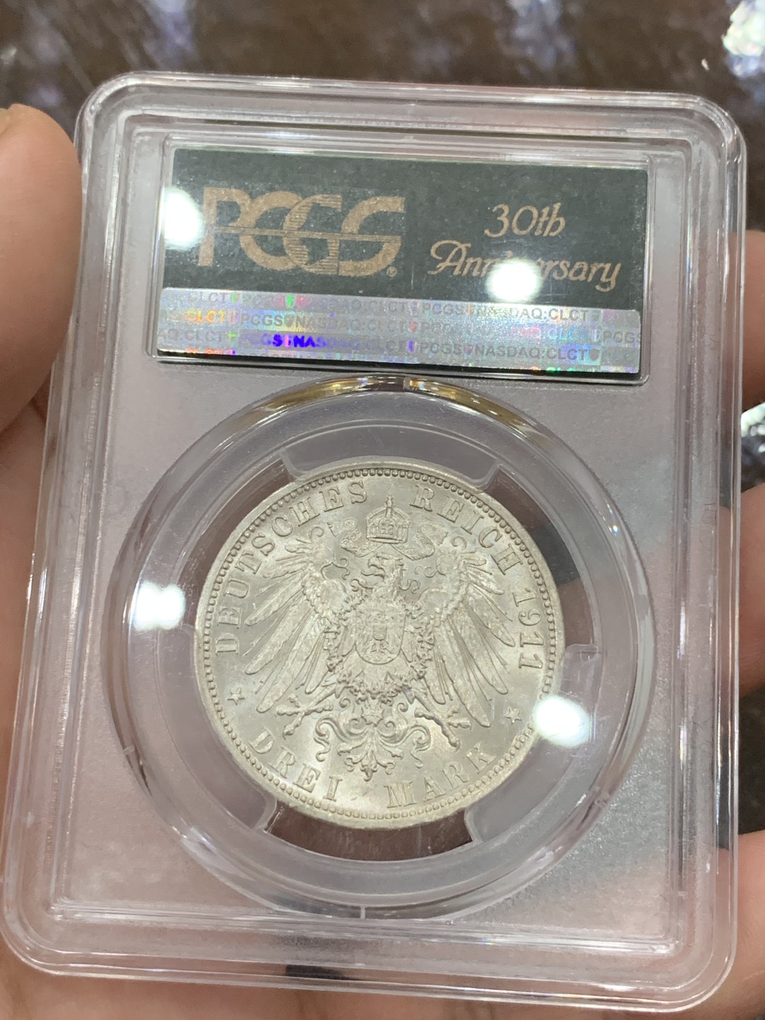 《竞宝斋》第106场-周日，周一 2场连拍（全场包邮） PCGS-MS63 德国1911年普鲁士3马克 银币，原卷光，PCGS 35周年盒子