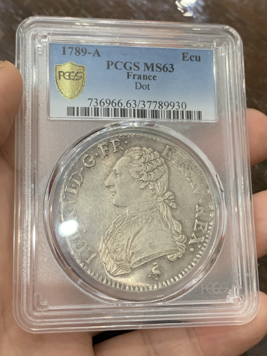 《竞宝斋》第106场-周日，周一 2场连拍（全场包邮） PCGS-MS63 法国  1789年 法国大革命时期 路易十六 大埃居 人像全深打 极为难得